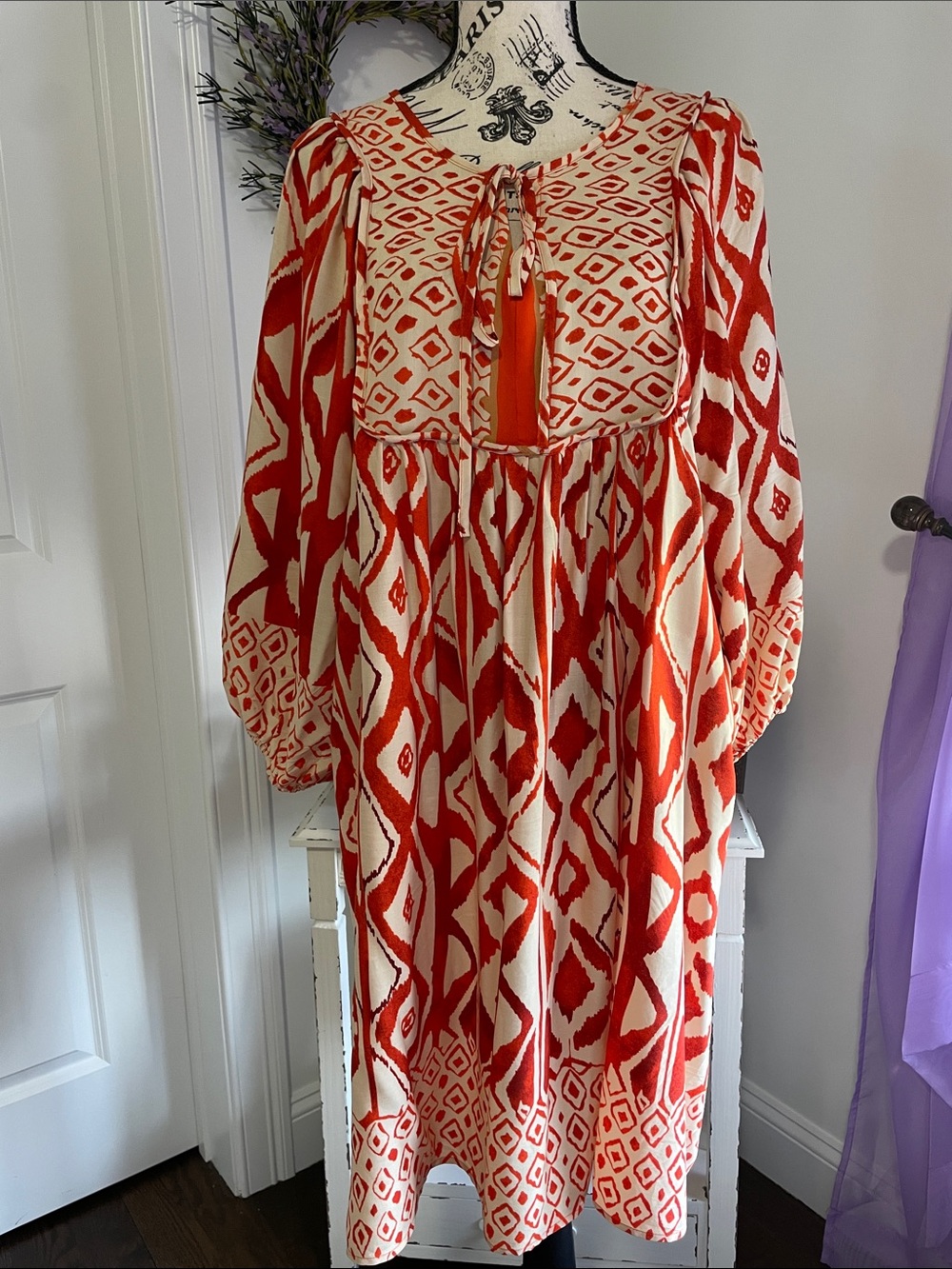 Orange and Cream Geometric Boho Tunic Dress